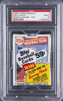 1985 Topps Baseball Sealed Cello Pack - Mark McGwire Rookie Card on Top - PSA MINT 9